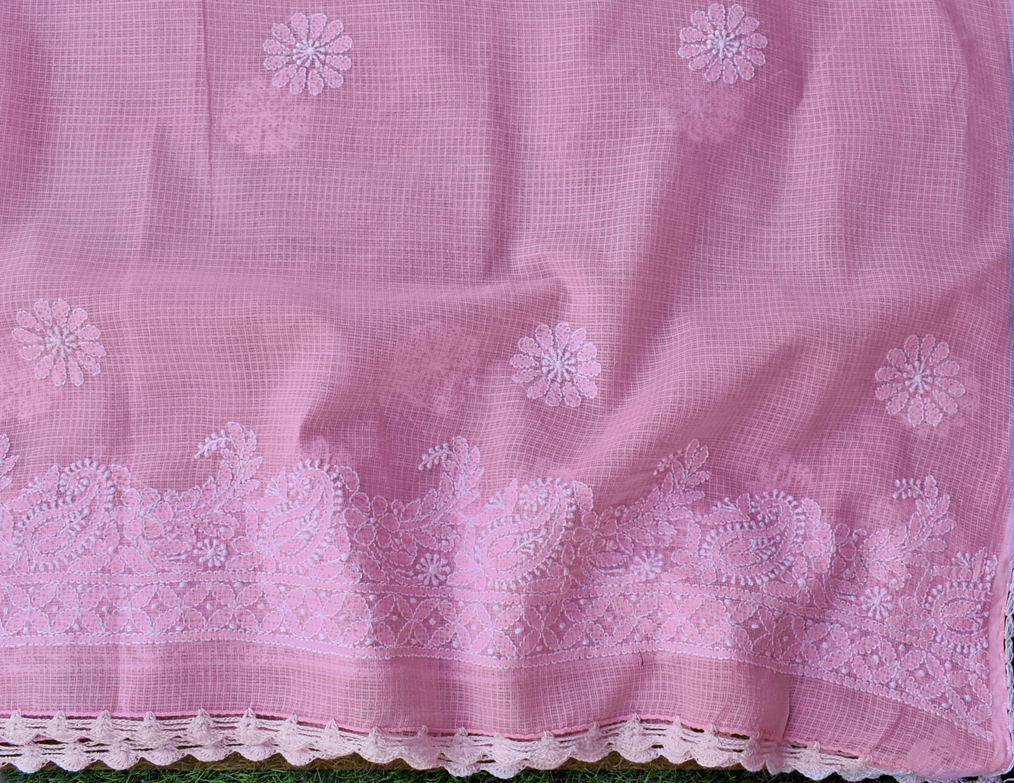 Kota Cotton Dupatta with Hand Chikankari embroidery & crochet borders