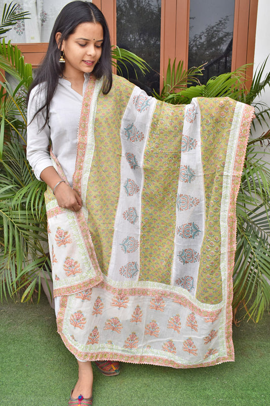 Hand Block Printed, Patch and Embroidery Work Kota Doria Dupatta