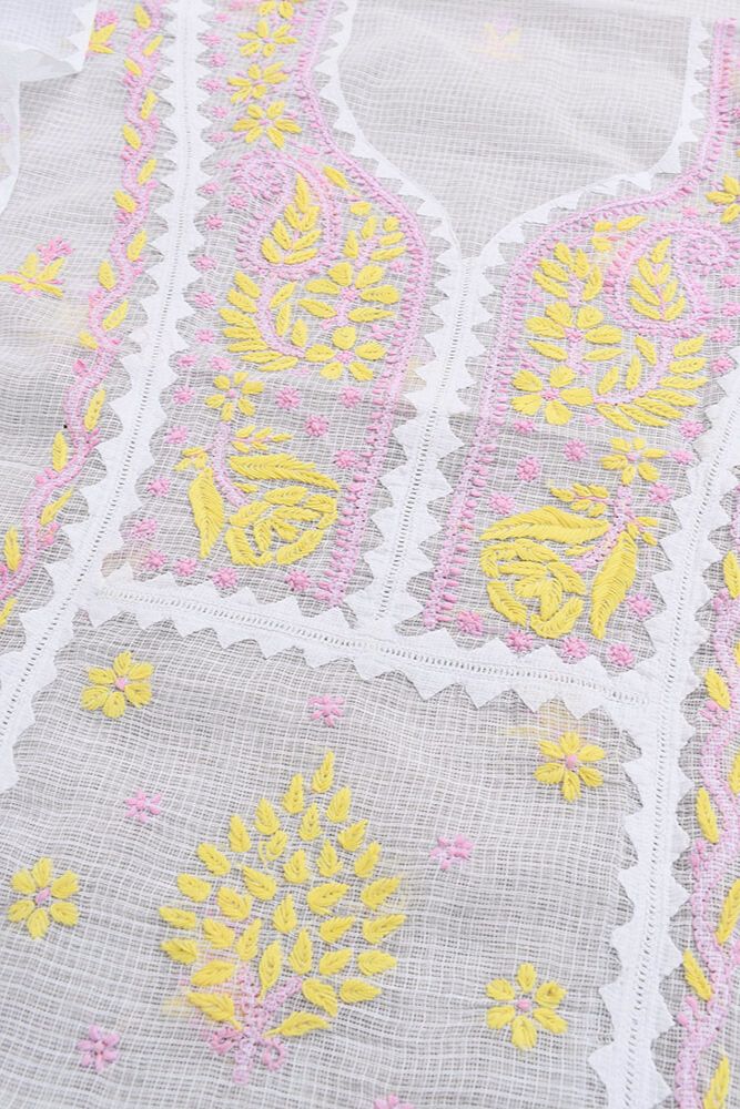 Elegant Milky White Kota Kurta & Dupatta Set with Applique &  Lucknowi Hand Chikankari embroidery