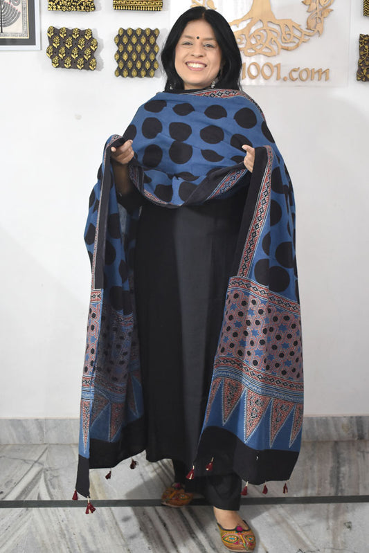 Ajrakh Hand Block Printed Cotton Dupatta with Tassels & natural dyes