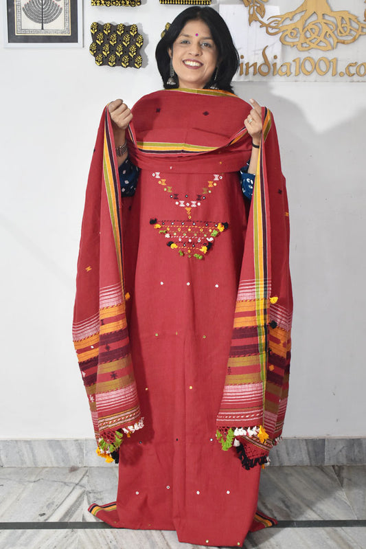 Premium Handwoven Kala Cotton Bhujodi suits with Mirror and Miri work - 3 pc set