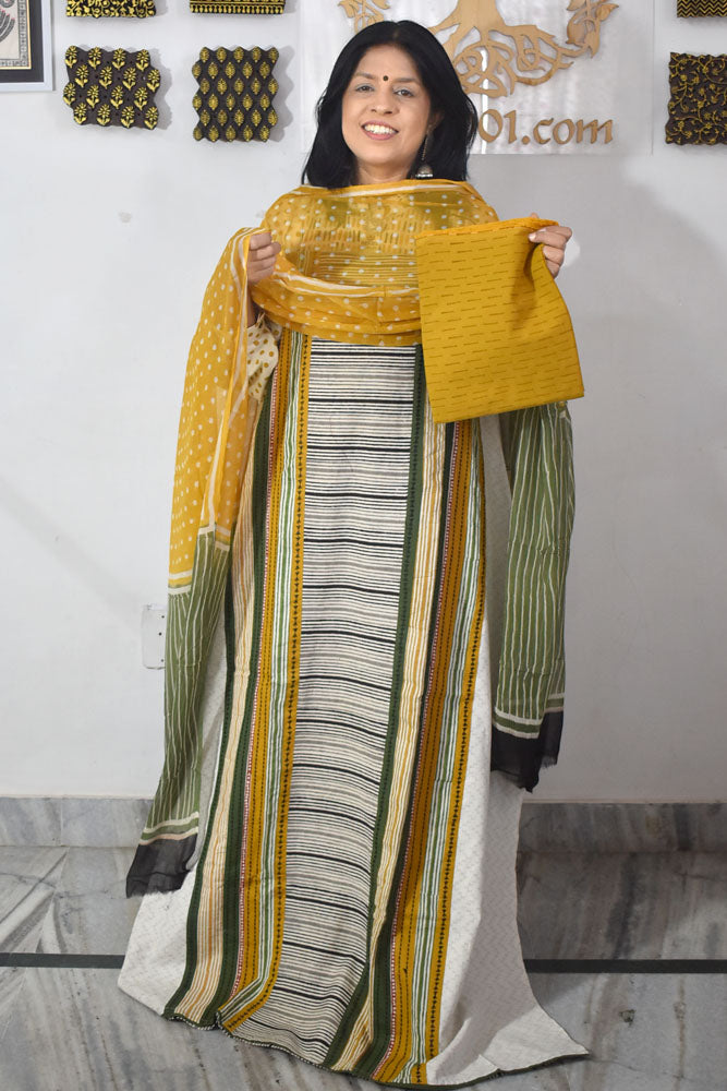 Elegant Handwoven Cotton Unstitched Suit with Ajrakh patch ,Intricate Hand Embroidery & block print chiffon dupatta