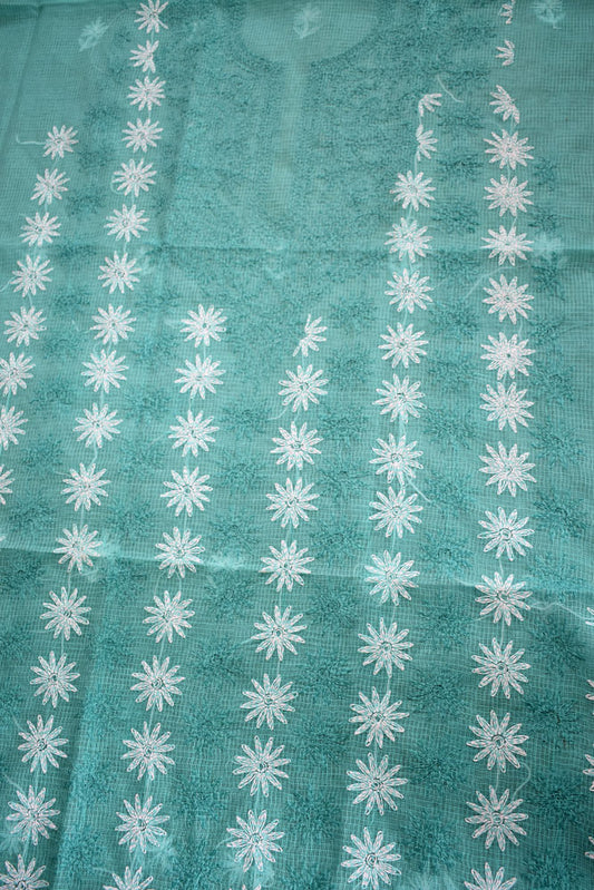 Designer Hand Embroidered Chikankari Tepchi work Kota Doria fabric - (3 - 3.1 mtrs )