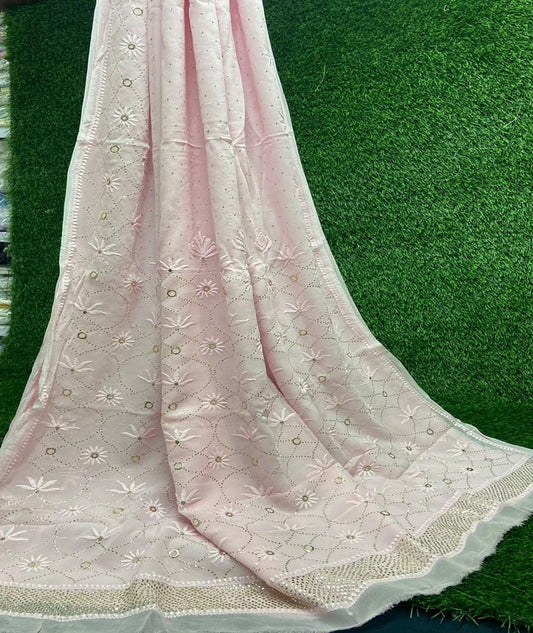 Very Beautiful Soft Viscose Georgette saree with Intricate Hand Chikankari & Muqaish work (with blouse piece in the same fabric)