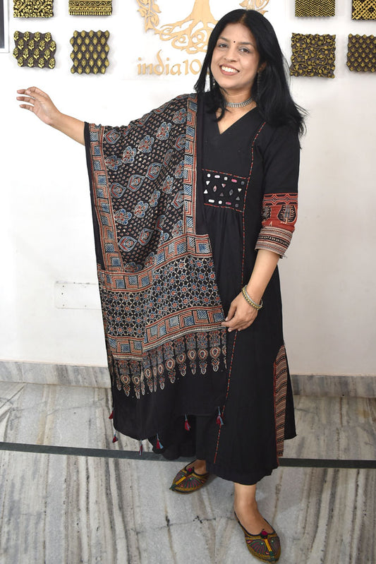 Beautiful Hand Block Printed Ajrakh Modal Silk stole with Tassels