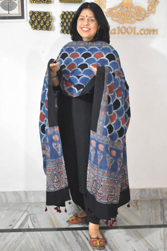 Ajrakh Hand Block Printed Cotton Dupatta with Tassels & natural dyes