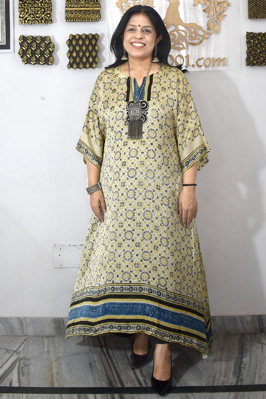 Beautiful Hand Block Printed Ajrakh Modal Silk Kaftan Kurta, Size 38 to 44