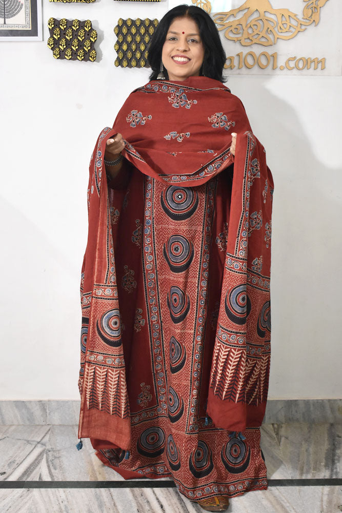 Designer Ajrakh Cotton kurta with  panel design & Mirror work & Cotton dupatta - 3 piece set