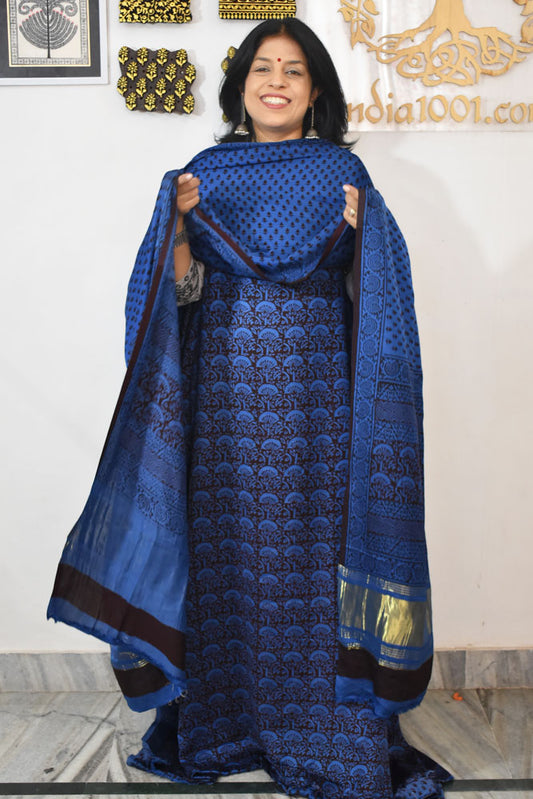Bagh Hand Block Printed unstitched 3 pc Modal silk suit fabric with Lagdi patta from MP