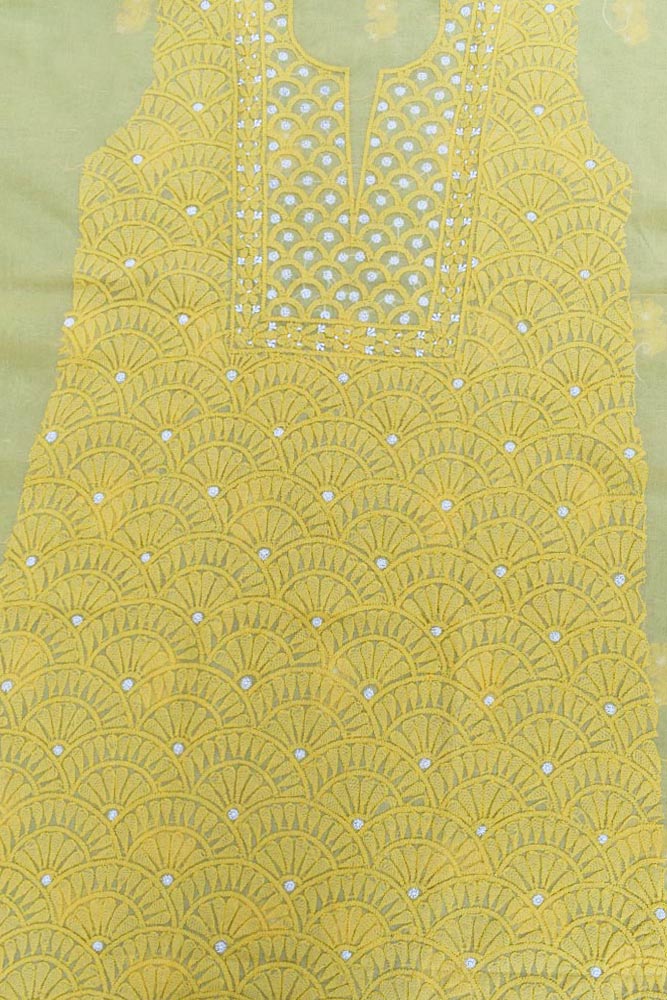 Premium Hand Embroidered Chikankari work Voile fabric - Yellow