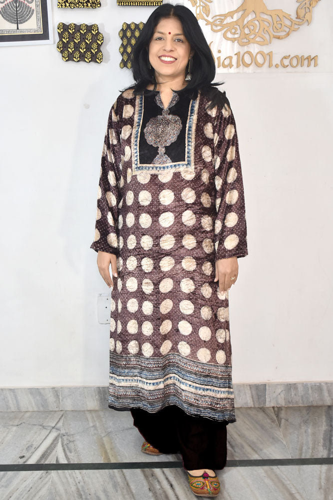 Beautiful Ajrakh Velvet Hand Block Print kurta , Size 38 to 46