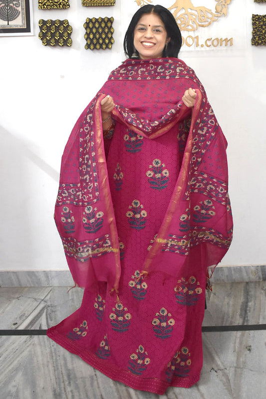 Elegant Hand Block print cotton suit with Schiffli work & Chanderi dupatta