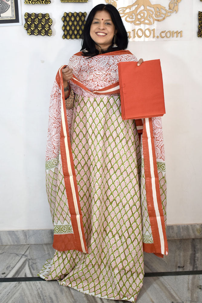 Beautiful Hand Block Printed Cotton unstitched suit fabric with Woven Borders Cotton dupatta