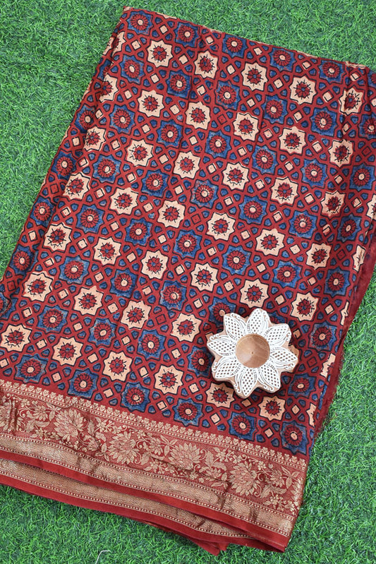Beautiful Ajrakh Dola Silk Hand Block Print Fabric - 3 mtrs cut