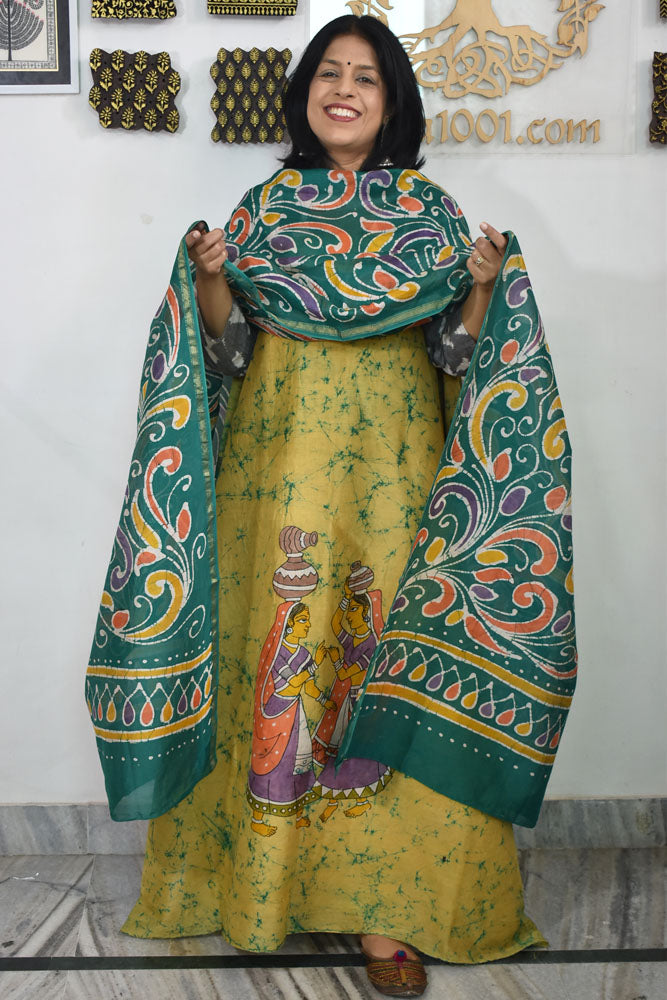 Elegant Handwoven Maheshwari silkcotton kurta fabric & dupatta set with  Wax Batik work