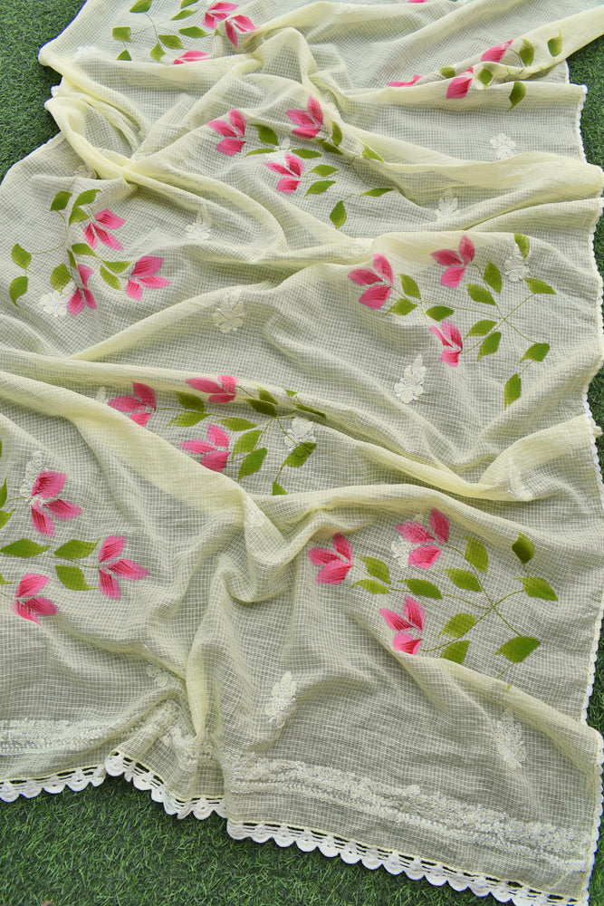 Kota Cotton Dupatta with Hand Paint, Hand Chikankari embroidery & crochet borders on all sides