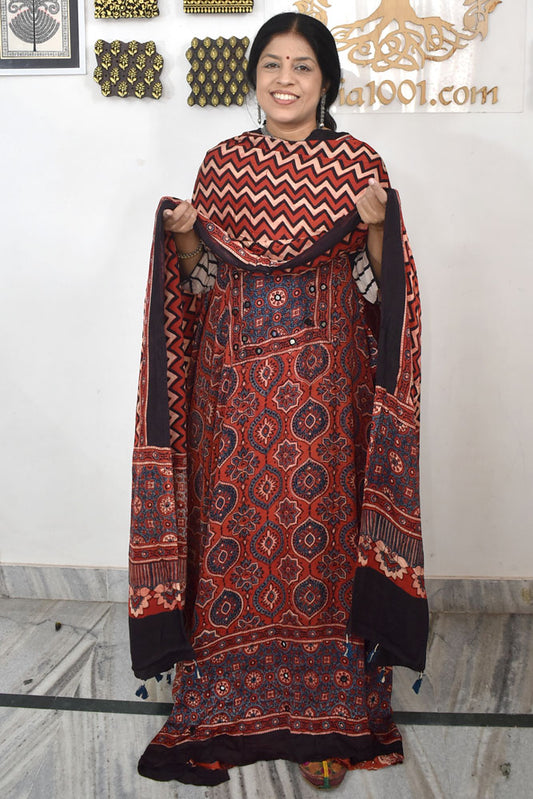 Designer Ajrakh Modal Silk Unstitched suit with  Mirror Work, Ajrakh Dupatta & Bottom- 3 piece set
