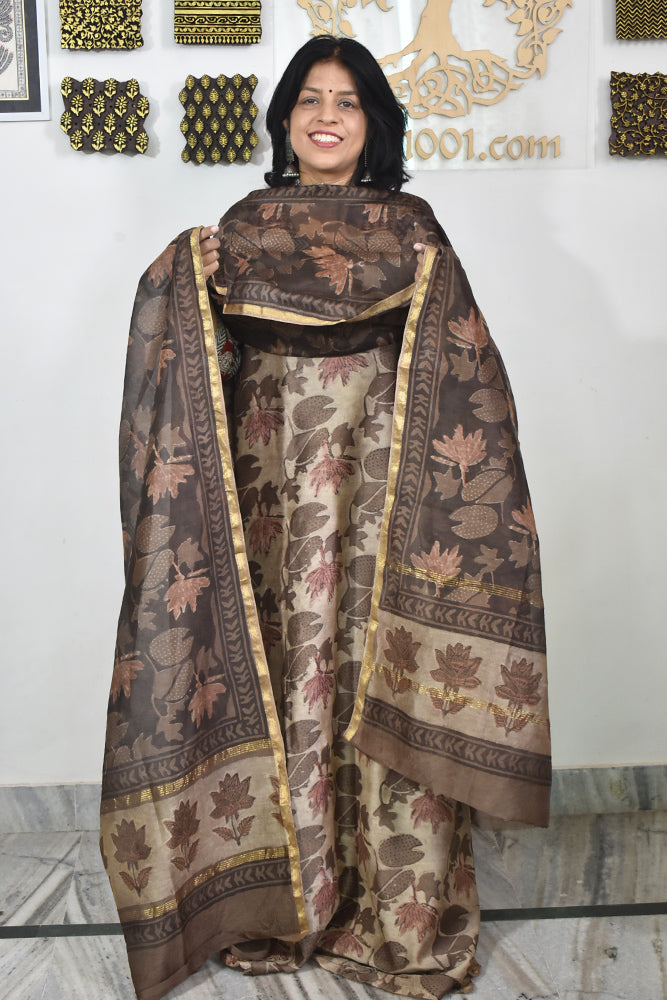 Beautiful Vanaspati Ajrakh Hand Block Printed Maheshwari Silk Cotton set with Bottom