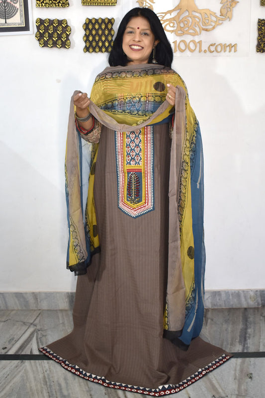 Designer Cotton Unstitched Suit Fabric with Embroidery, Bagru Block print patch & Chiffon dupatta