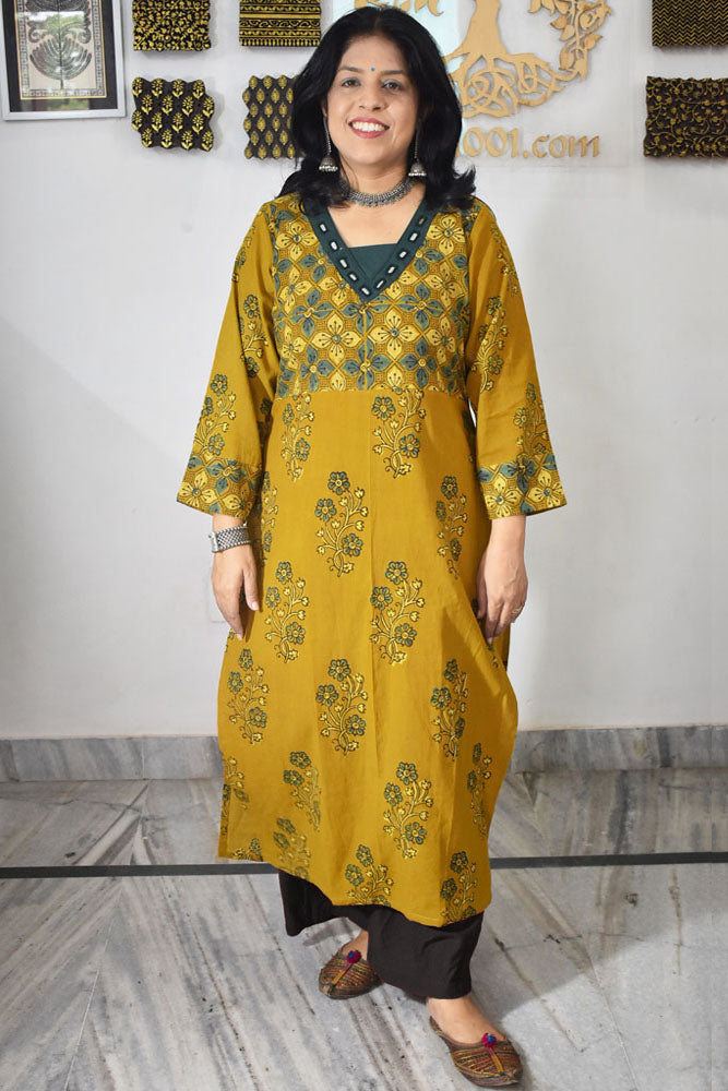 Beautiful Hand Block Printed Ajrakh Cotton kurta with Kutch Mirror work , Size 38 to 46