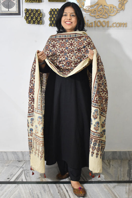 Ajrakh Hand Block Printed Cotton Dupatta with Tassels & natural dyes