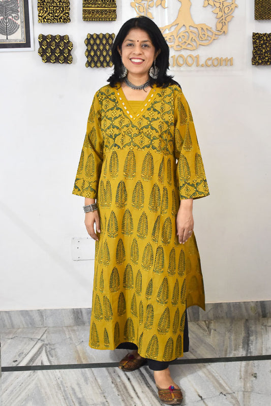 Beautiful Hand Block Printed Ajrakh Cotton kurta with Kutch Mirror work , Size 40 to 46