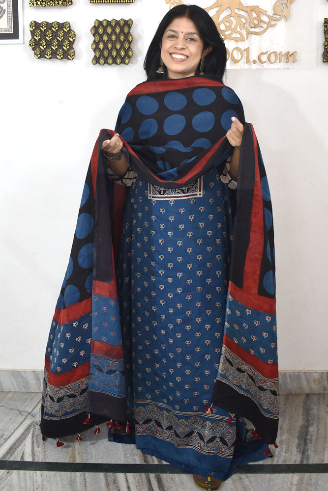 Designer Ajrakh Modal Silk Unstitched suit with  panel design & Ajrakh Dupatta- 2 piece set