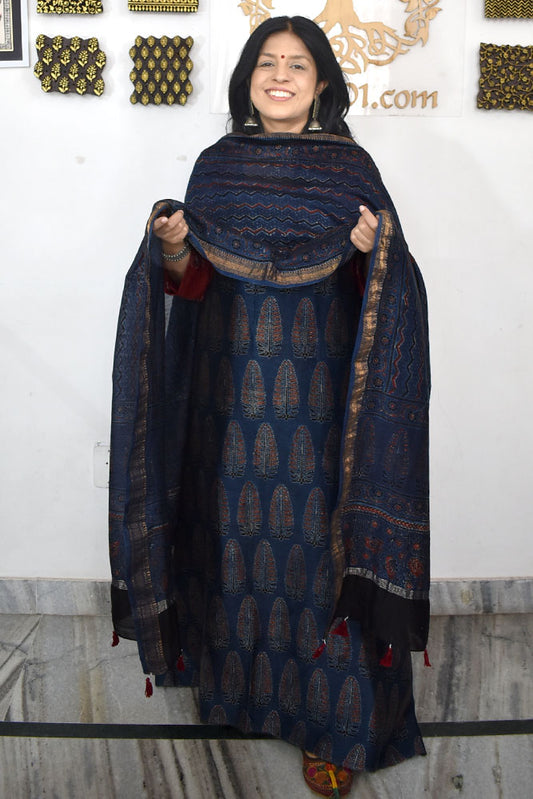 Beautiful Hand Block printed Ajrakh Maheshwari Kurta and dupatta set
