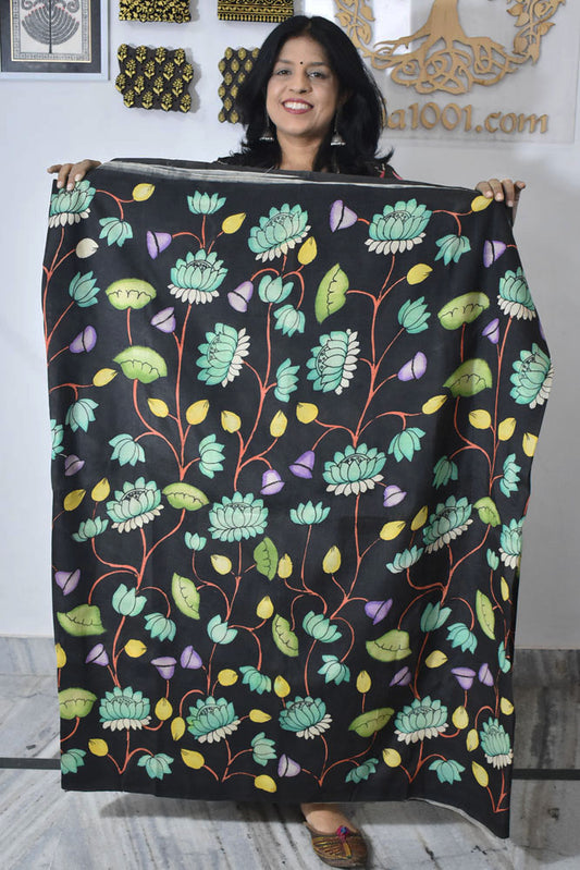 Beautiful Hand Painted Pen Kalamkari  Bangalore Silk Fabric - 2.5 mtrs cut