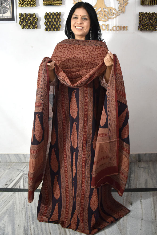 Bagh Hand Block Printed unstitched 3 pc Cotton suit fabric with block print from MP