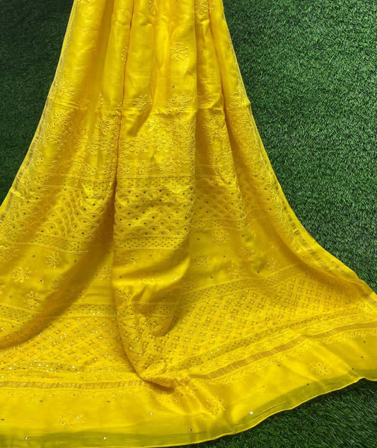 Beautiful Heavy Chanderi Saree with Hand Chikankari & Muqaish Work
