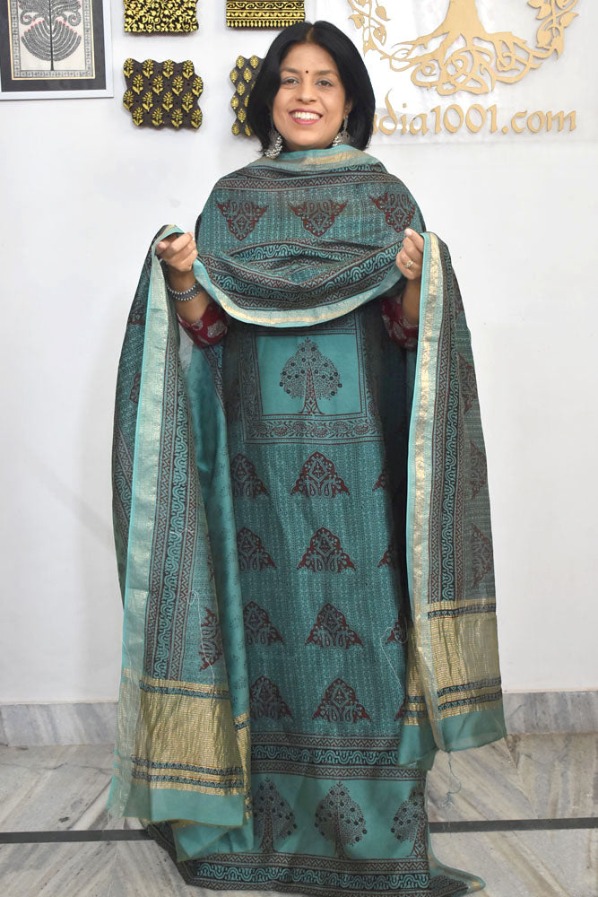 Bagh Hand Block Printed unstitched 3 pcs Handwoven Maheshwari suit fabric with Zari borders & Lagdi ( zari palla )