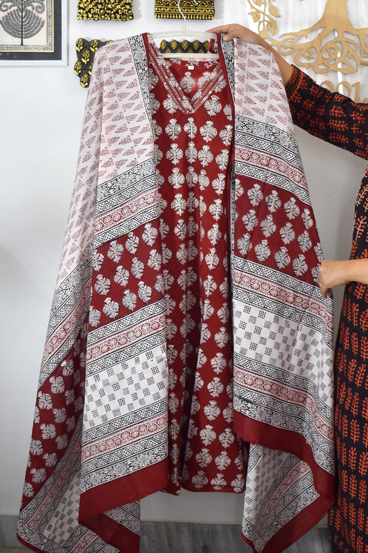 Bagh Hand Block Printed stitched 3 pc Cotton suit With Hand Embroidery - 44 size