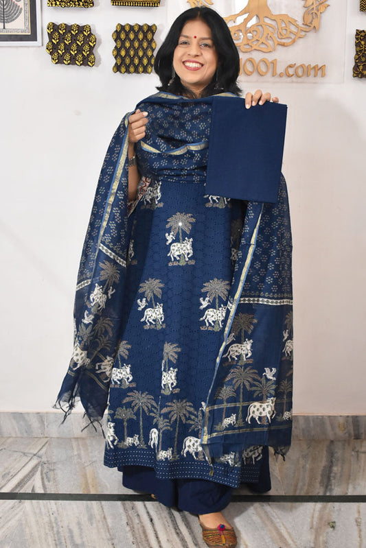 Elegant Hand Block print cotton suit with Schiffli work & Chanderi dupatta