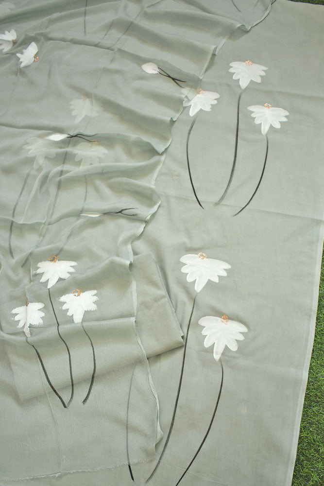 Hand Painted Cotton unstitched suit fabric with Chiffon dupatta