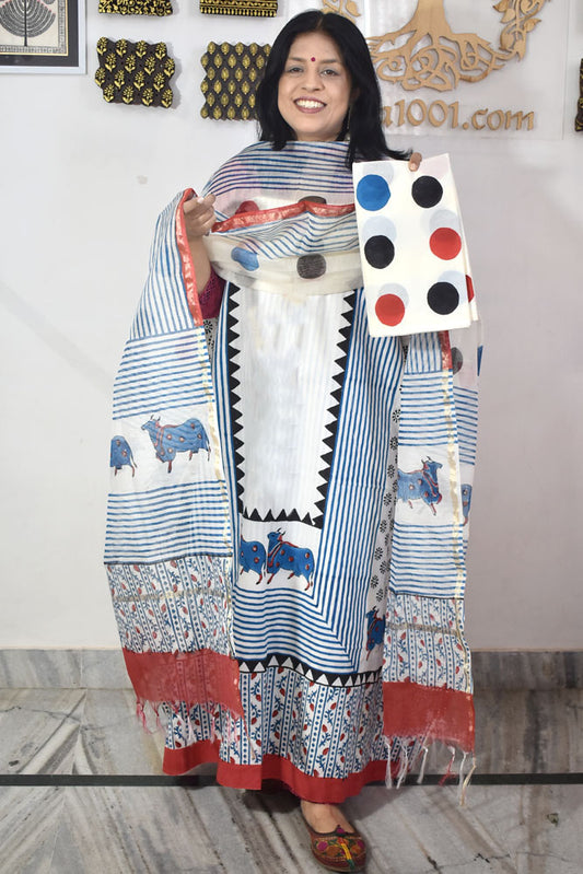 Designer Hand Block Print Cotton suit with Chanderi dupatta
