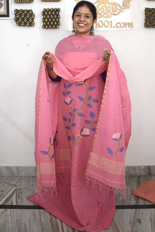 Kalakriti : Beautiful Hand Woven Soft Cotton Needle Jamdani Kurta Fabric & Dupatta set