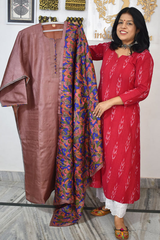 Semi Stitched Block Printed Tussar Silk Dupatta  & Tussar Kurta Fabric