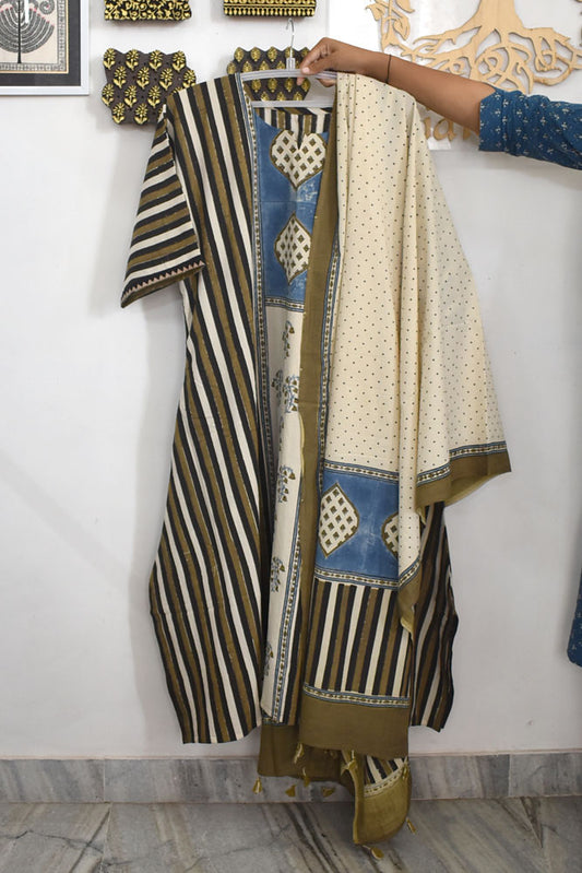 Ajrakh Hand Block Printed stitched Kaftan Kurta & Dupatta Set