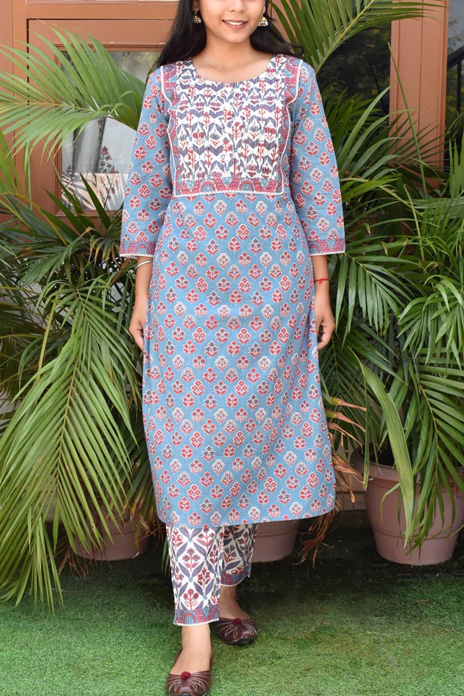 Soft Cotton Kurta and pant set with Embroidery & Lace details -Size 36, 38