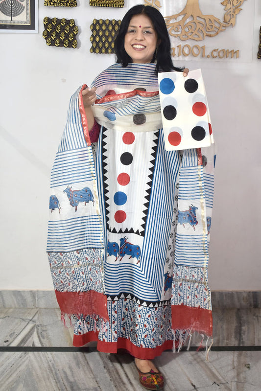 Designer Hand Block Print Cotton suit with Chanderi dupatta