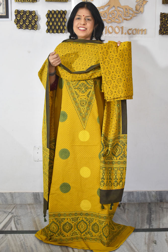 Block Print Ajrakh Cotton Suit with designer Ajrakh neck yoke /panel & Long Stole