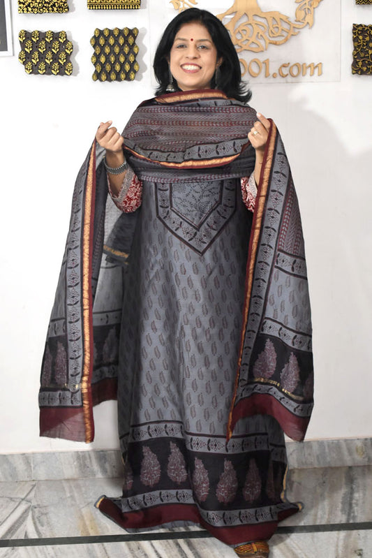 Bagh Hand Block Printed unstitched 3 pcs Handwoven Chanderi suit fabric with Zari borders