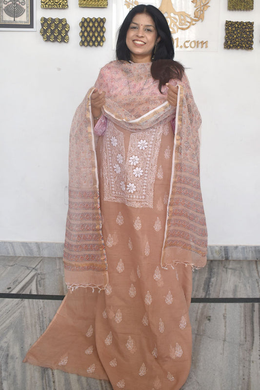 Elegant Lucknowi Chikankari Hand Embroidery work  & Block print Dupatta - 2 pc set