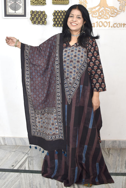 Designer Ajrakh Cotton kurta with Stole & Cotton Bottom - 3 piece set