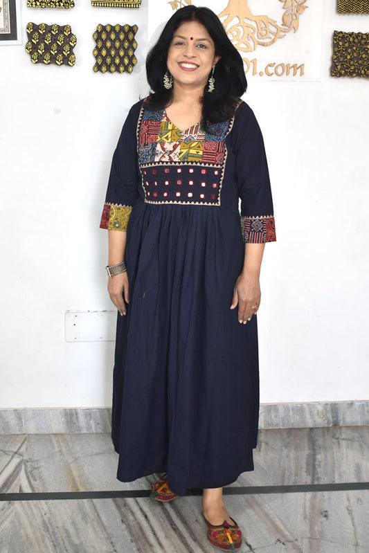 Designer Hand Block Printed Ajrakh cotton Kurta With Mirror Work - Size 38 to 46 ( all sizes)