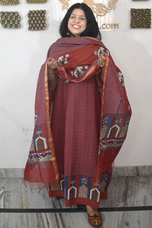 Elegant Hand Block print cotton suit with Schiffli work & Chanderi dupatta