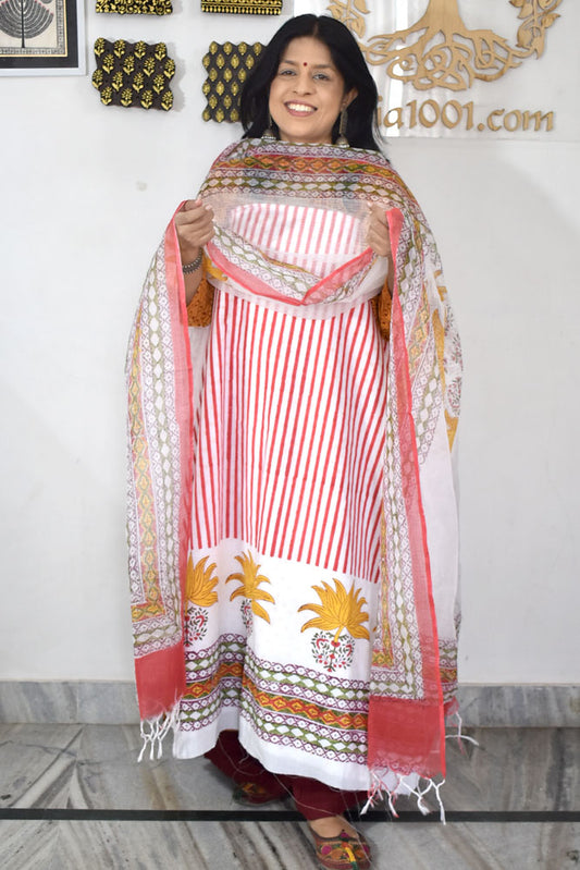 Designer Hand Block Print Cotton suit with Kota dupatta