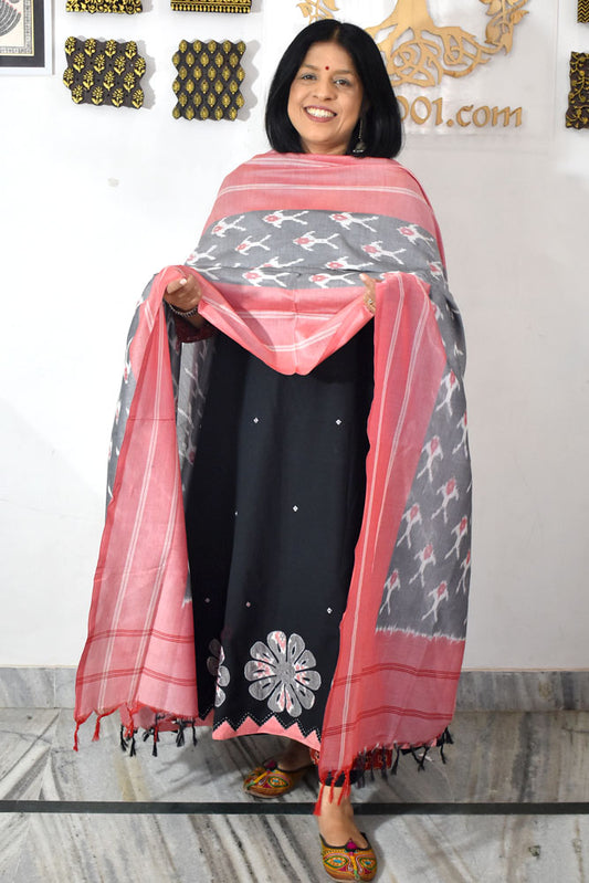 Beautiful Ikkat Patch Work Cotton kurta with Pochampally Ikkat Dupatta & Cotton Bottom - 3 pc set