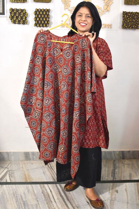 Beautiful Hand Block Printed Ajrakh Kaftan, Can fit till size 44